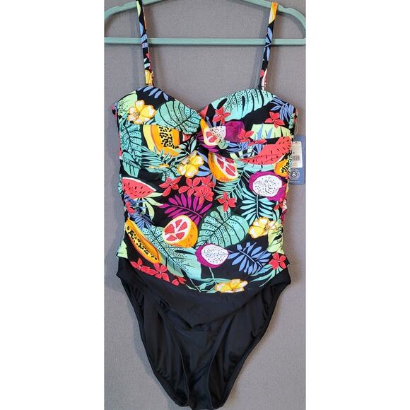 Caribbean Joes NWT Tropical Fruit Print One-Piece Swimsuit Blouse-On Size 12 - Picture 2 of 8